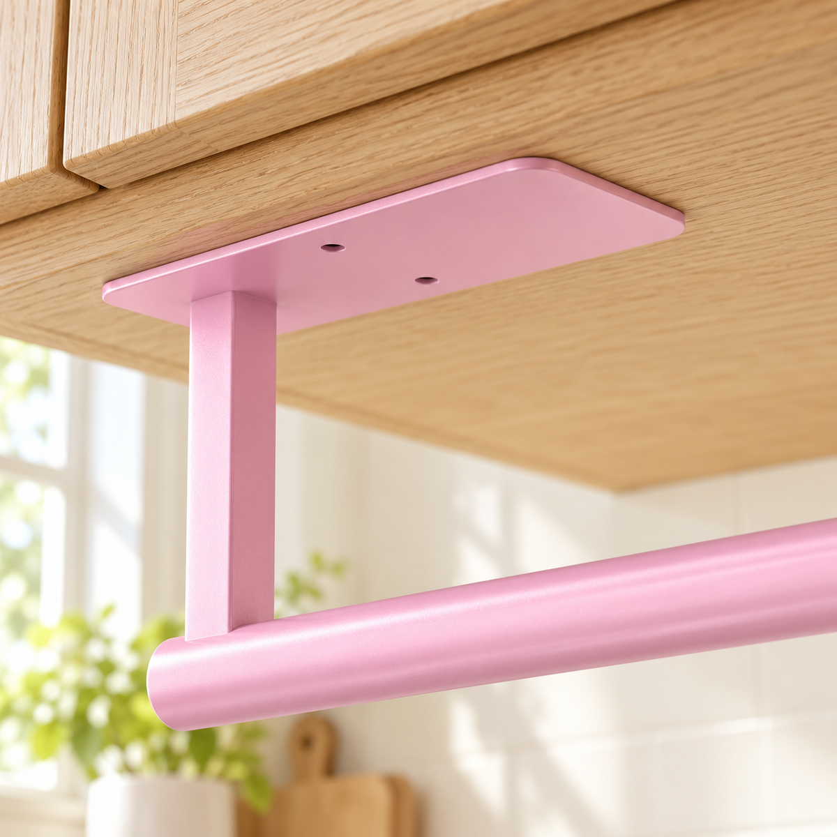 Close view of the pink holder mounting plate, two holes and single support beneath a wood cabinet.