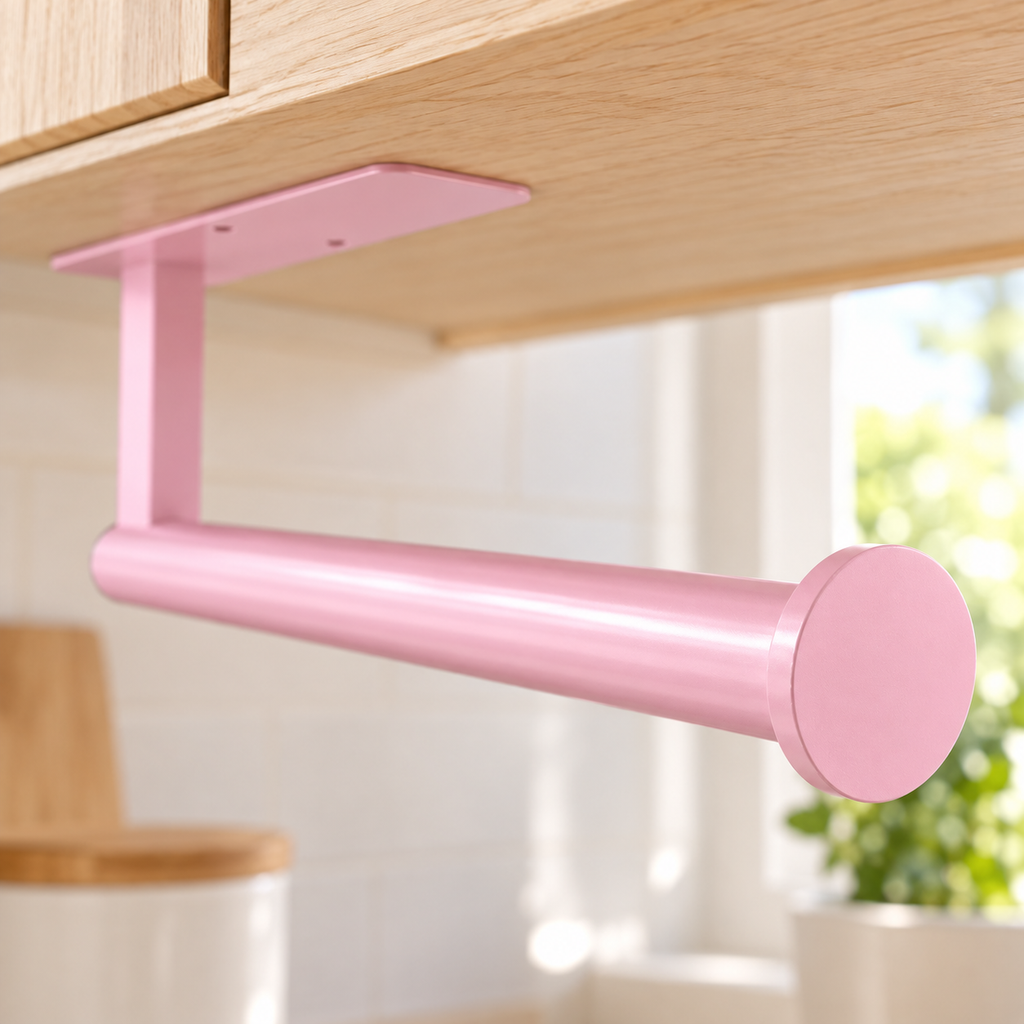 Close view of the round pink spindle end cap with the under-cabinet support visible in the background.