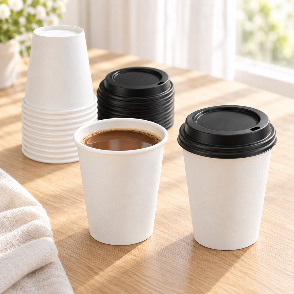 White paper cups and black sipping lids on a sunlit pale wood beverage table. Beverages and styling props not included.