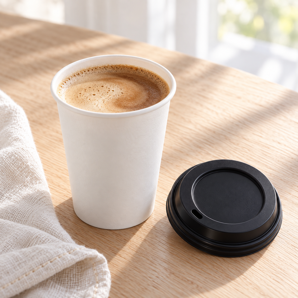 White paper cup with a brown beverage and a separate black sipping lid beside ivory linen. Beverages and styling props not included.
