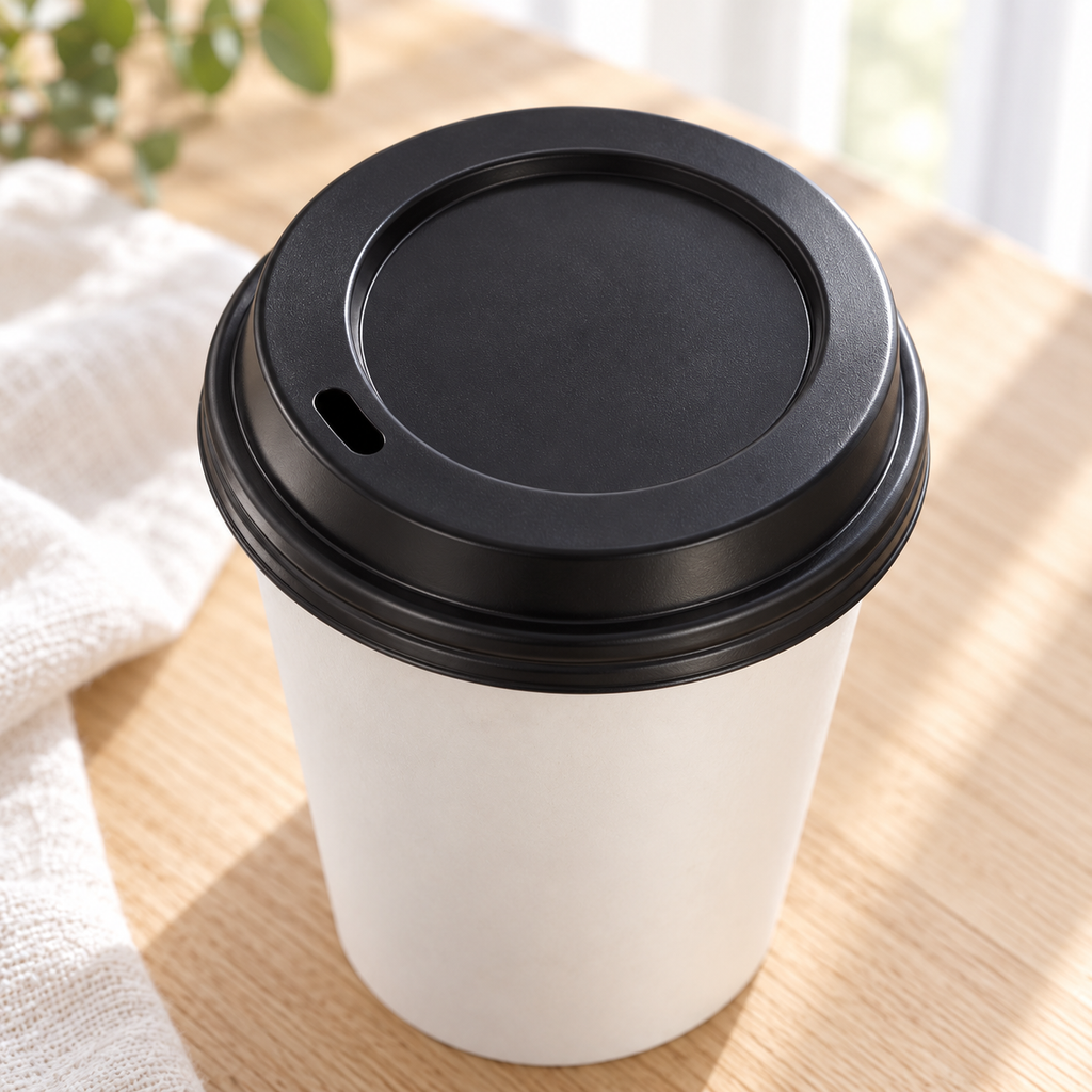 Close view of the recessed center, sipping opening and rim of a black lid on a white paper cup.