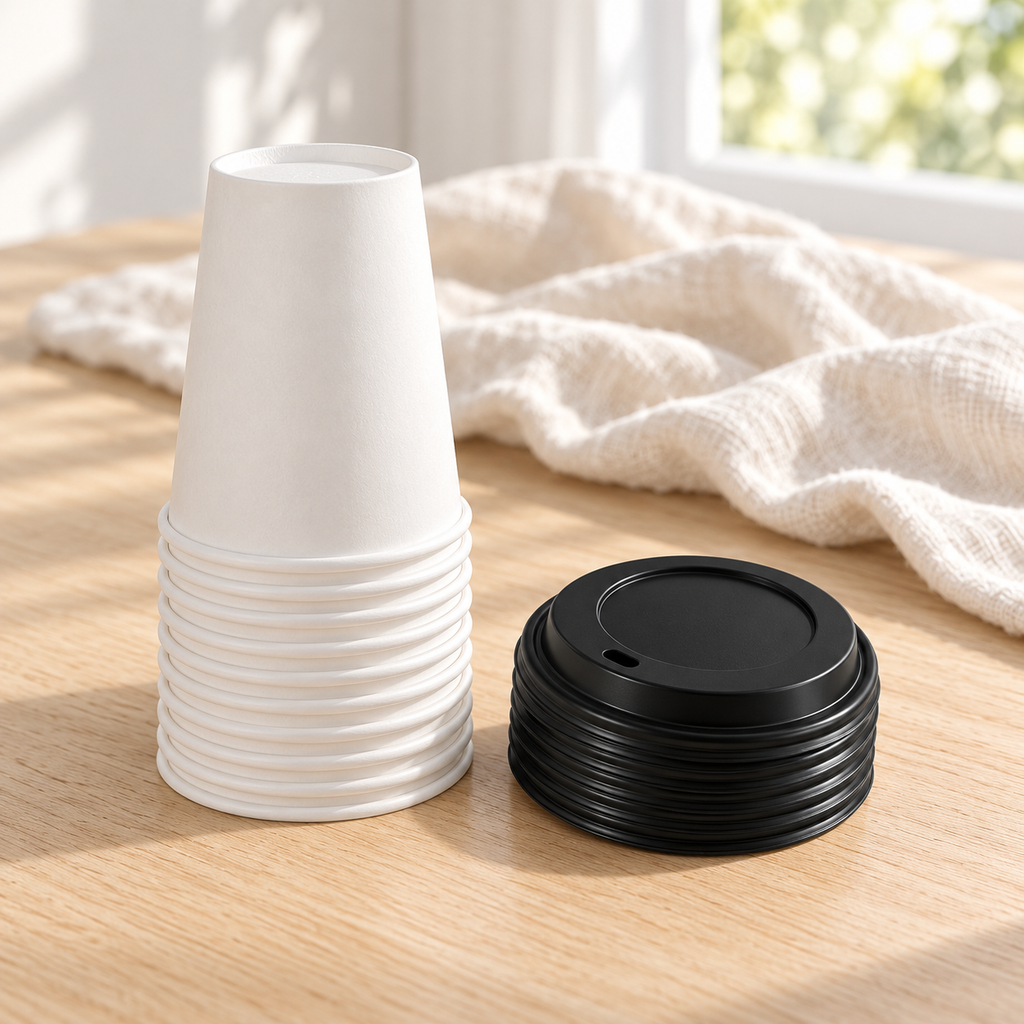 Nested white paper cups beside stacked black sipping lids on a pale wood table.
