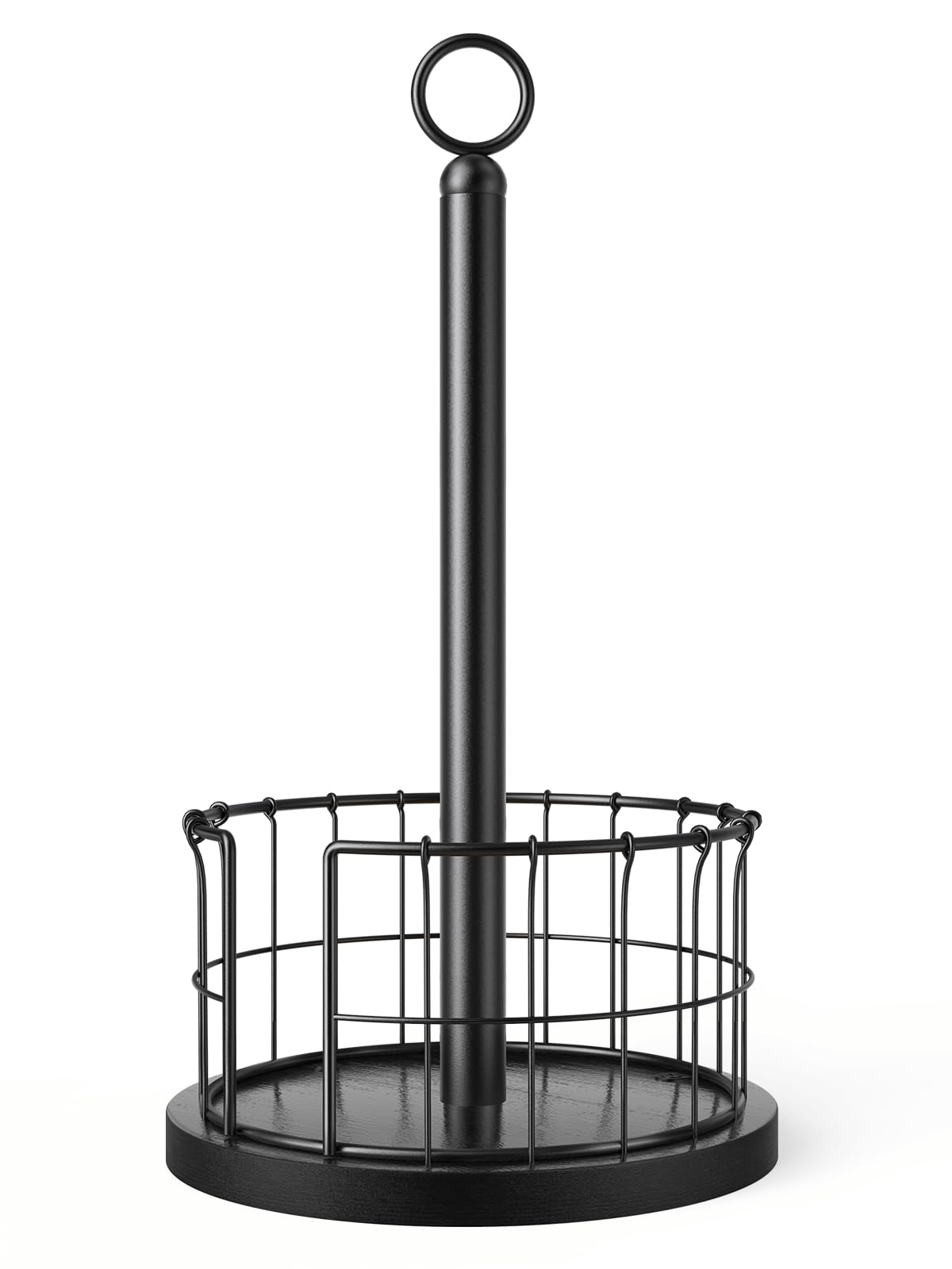 Black paper-towel holder with wood base, wire basket and top ring on white.
