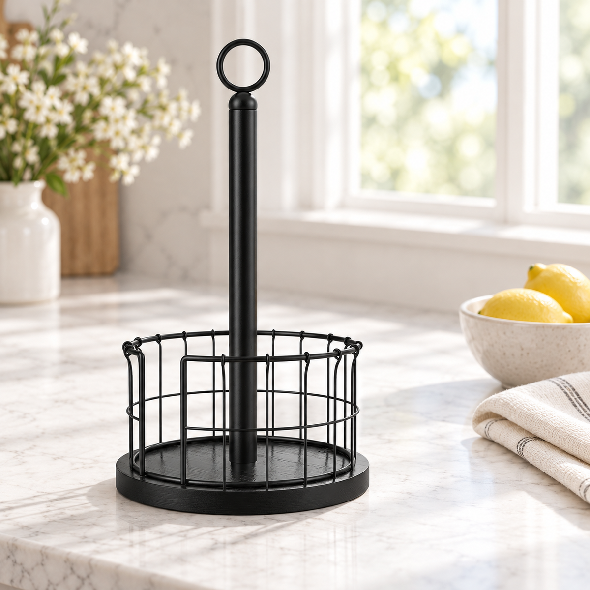 Black wood-base paper-towel holder on a bright counter; styling props not included.