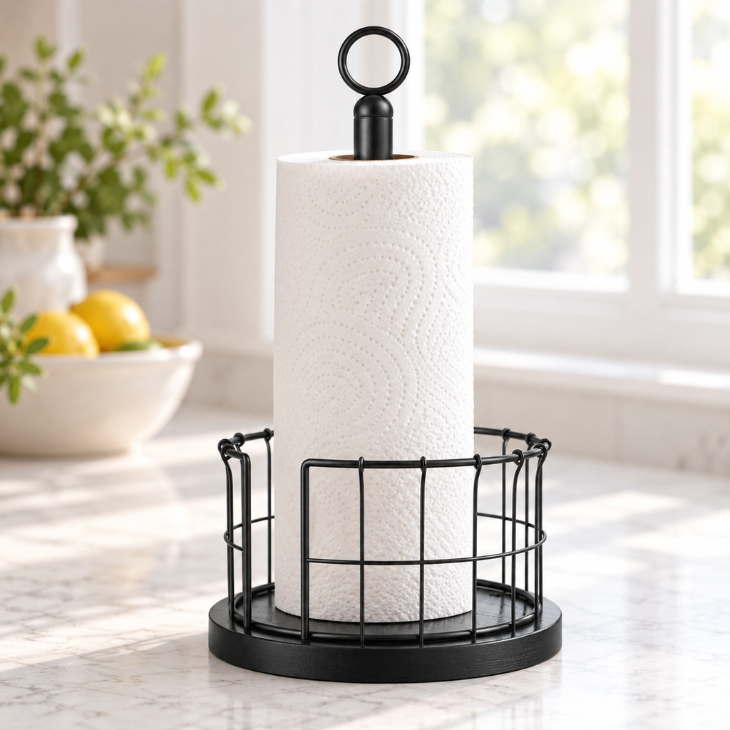 Black paper-towel holder styled with a white roll; paper roll not included.