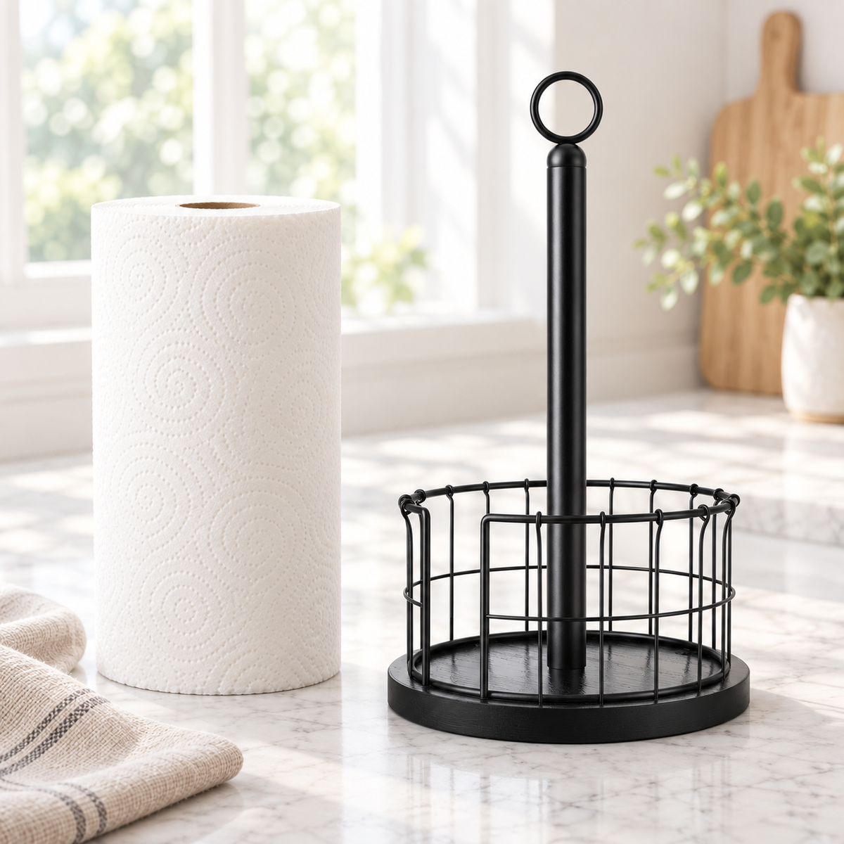 Exposed black paper-towel holder beside a separate roll; paper roll not included.