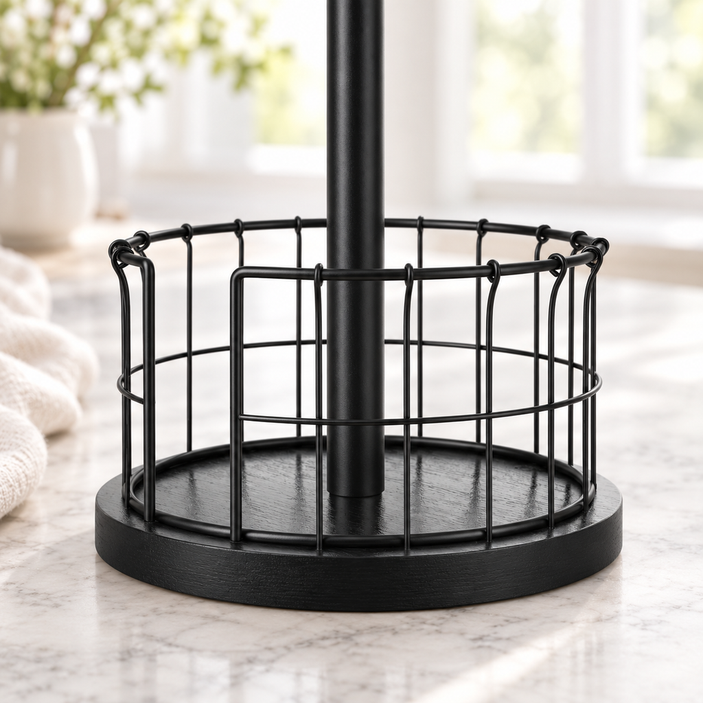 Close view of the black-painted wood base and wire basket.