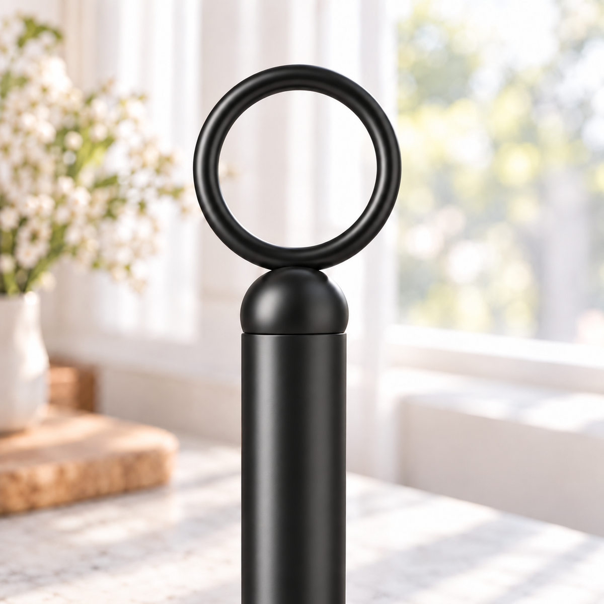 Close view of the smooth black top ring, dome and spindle.