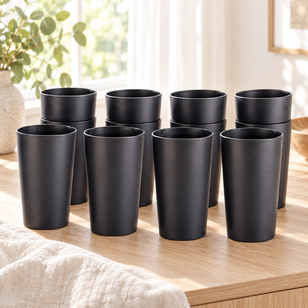 Twelve matte black tumblers arranged as four nested pairs and four single cups on a light wood table beside a bright window.