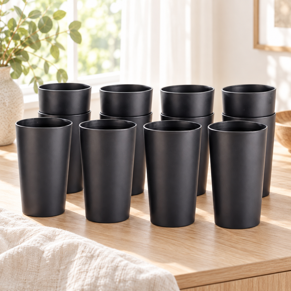Twelve matte black tumblers arranged as four nested pairs and four single cups on a light wood table beside a bright window.