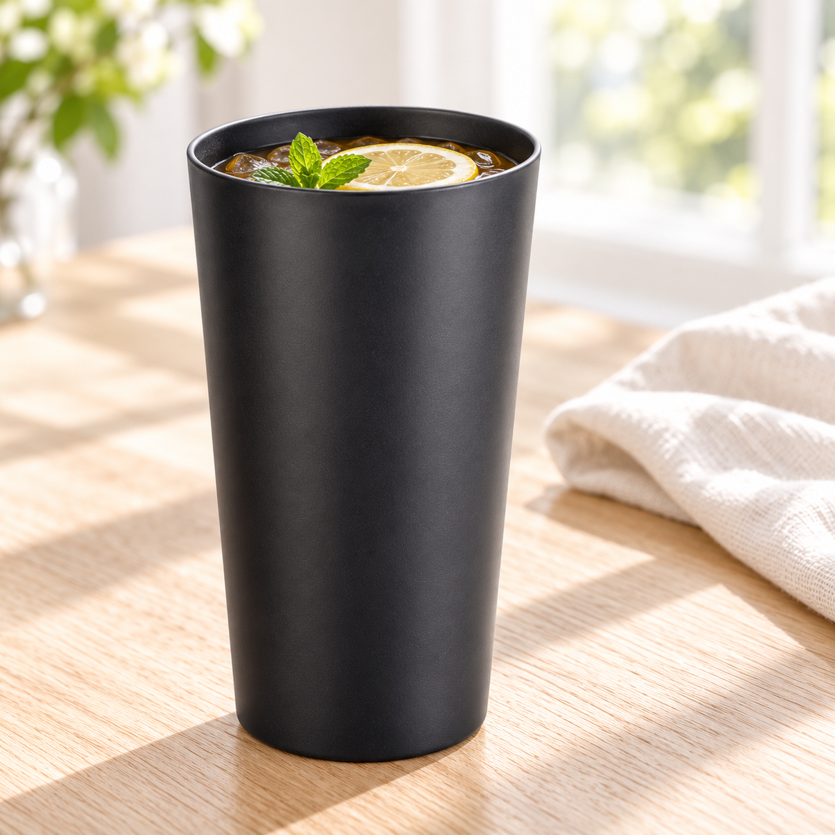A matte black tumbler with an iced drink, lemon slice and mint on a pale wood table. Scene props not included.