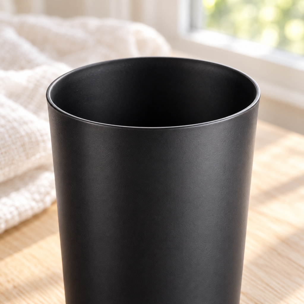 Close view of the thin rim, shallow inner wall and matte black exterior of a tumbler.