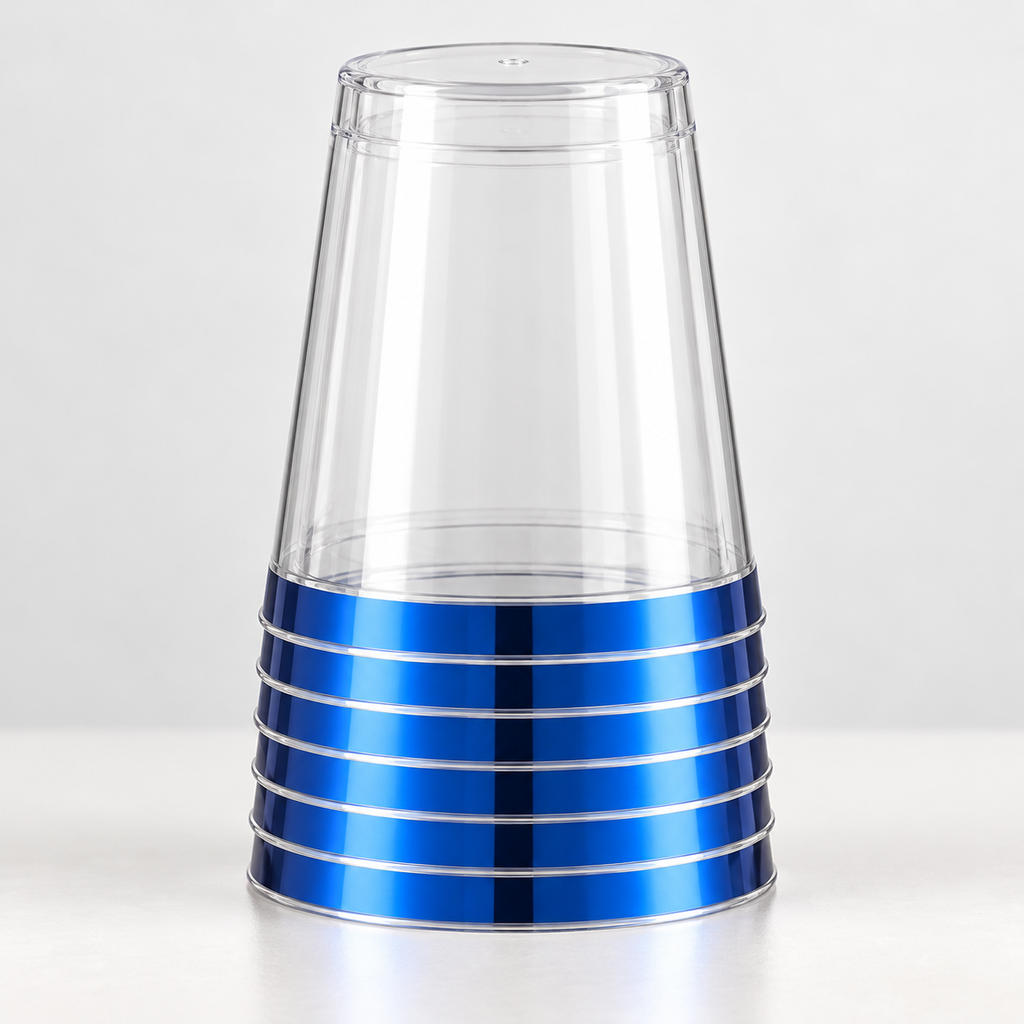 Short inverted nested stack of clear tapered plastic tumblers showing metallic blue rim bands and thin clear lips.