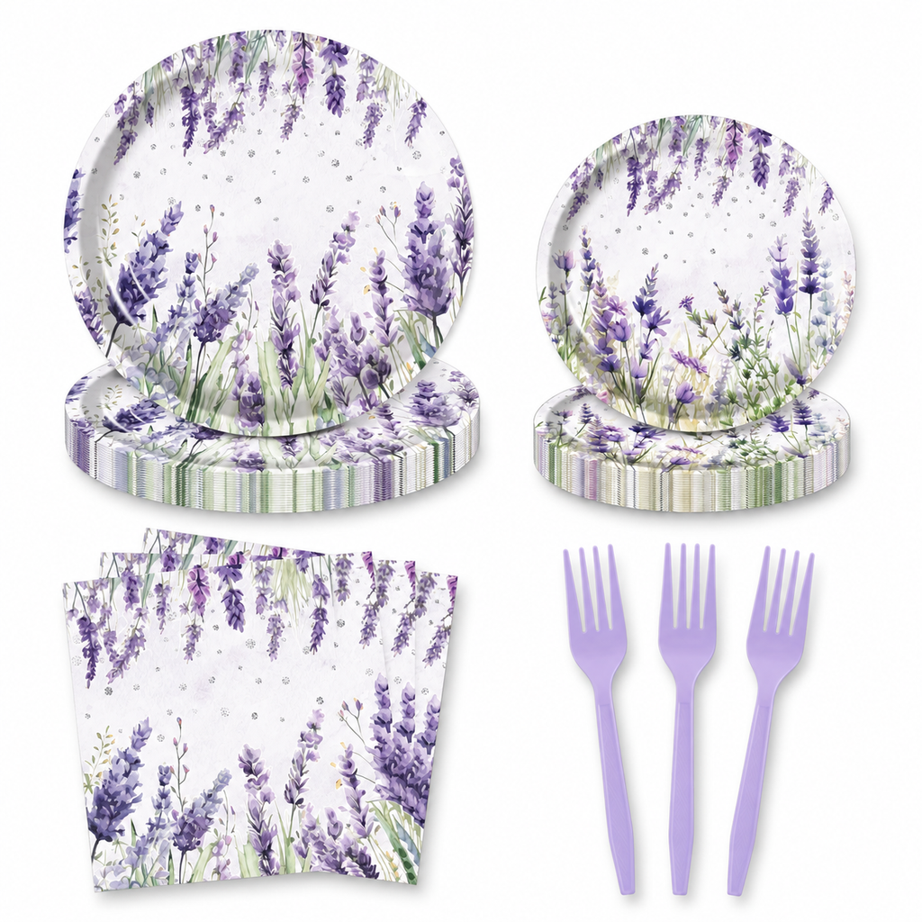 Lavender botanical paper plates in two sizes, matching square napkins and purple forks on white. Representative assortment shown.