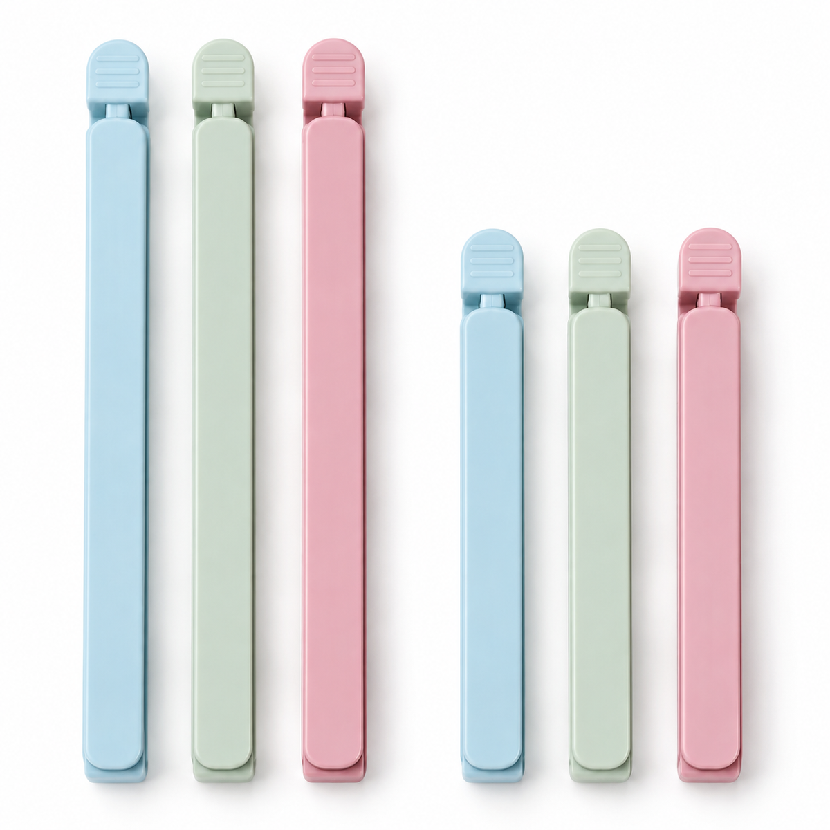 Representative six-clip subset of the 30-pack, showing three colors and two lengths. White background product photograph.