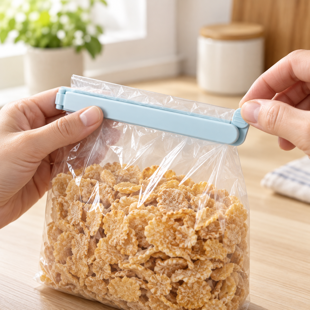 Pastel food sealer clips shown in actual hand use. Representative subset; food and styling props not included.