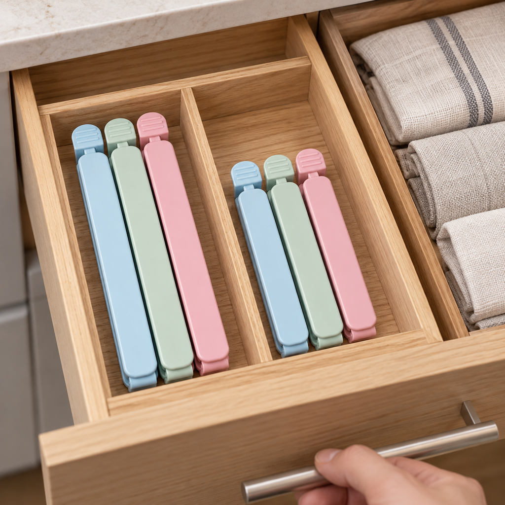 Pastel food sealer clips. Compact storage scene. Representative subset; styling props not included.