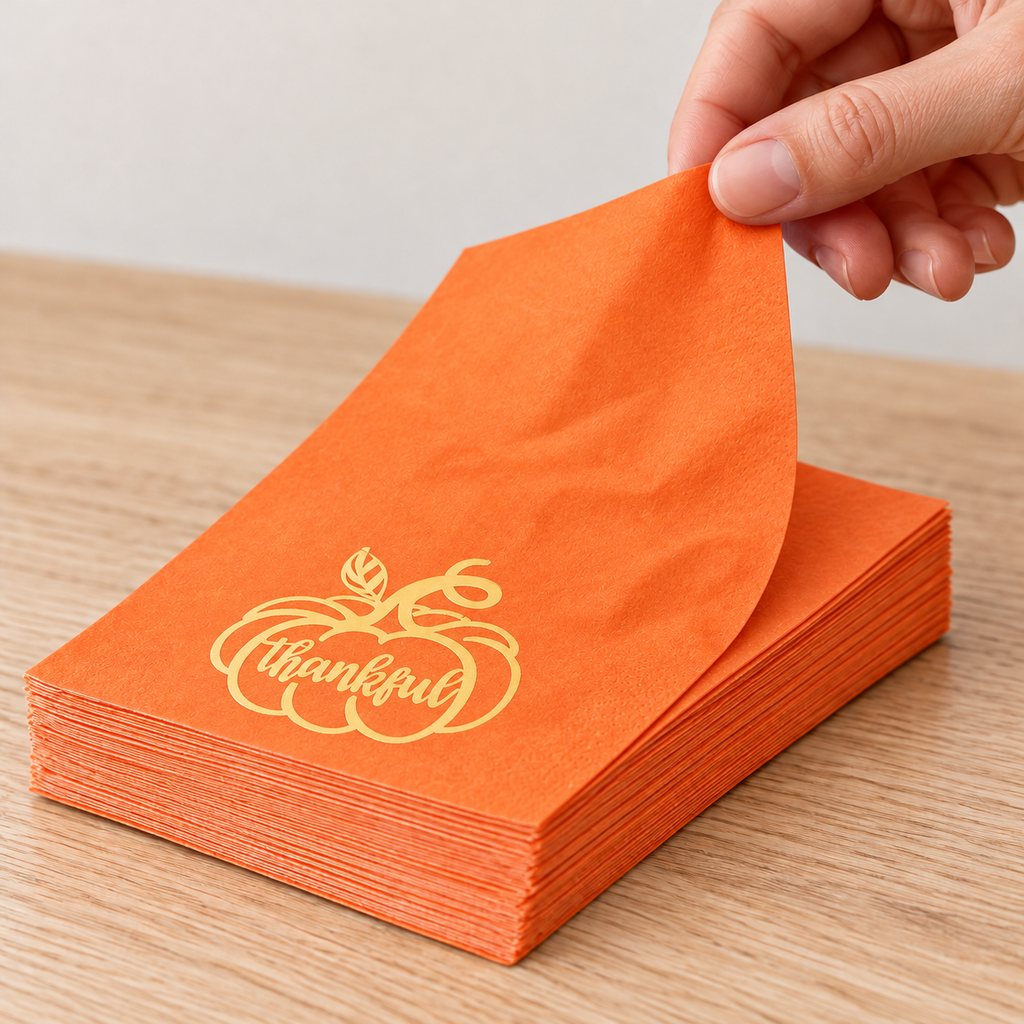 A hand lifts the corner of an orange folded paper napkin with gold pumpkin and Thankful print from a short stack.