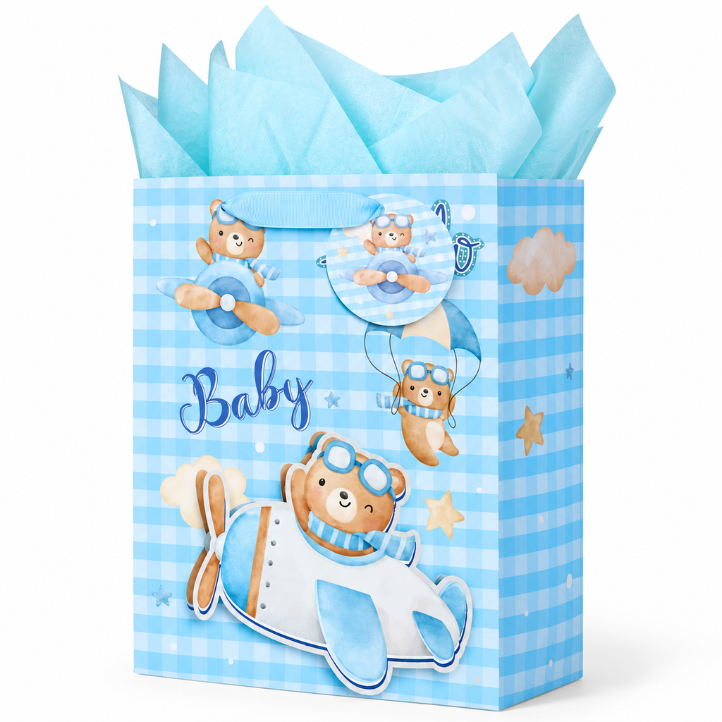 Blue gingham baby gift bag with bear airplane decoration, round tag and tissue on white background.