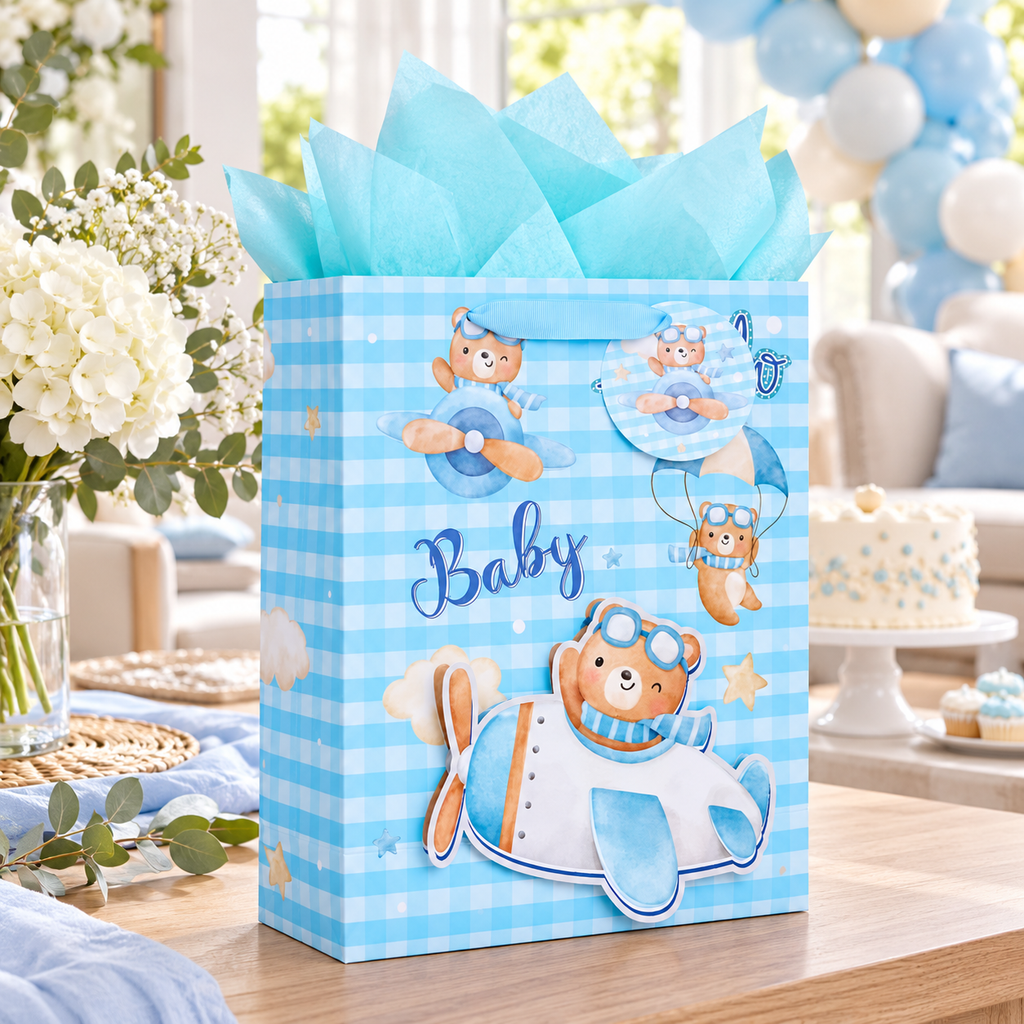Blue baby gift bag styled on a baby shower gift table; event decorations are styling props.