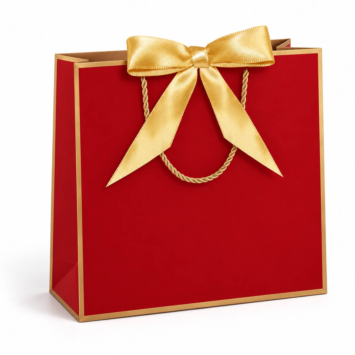 Red paper gift bag with gold border, satin bow and twisted gold cord handle on white background.