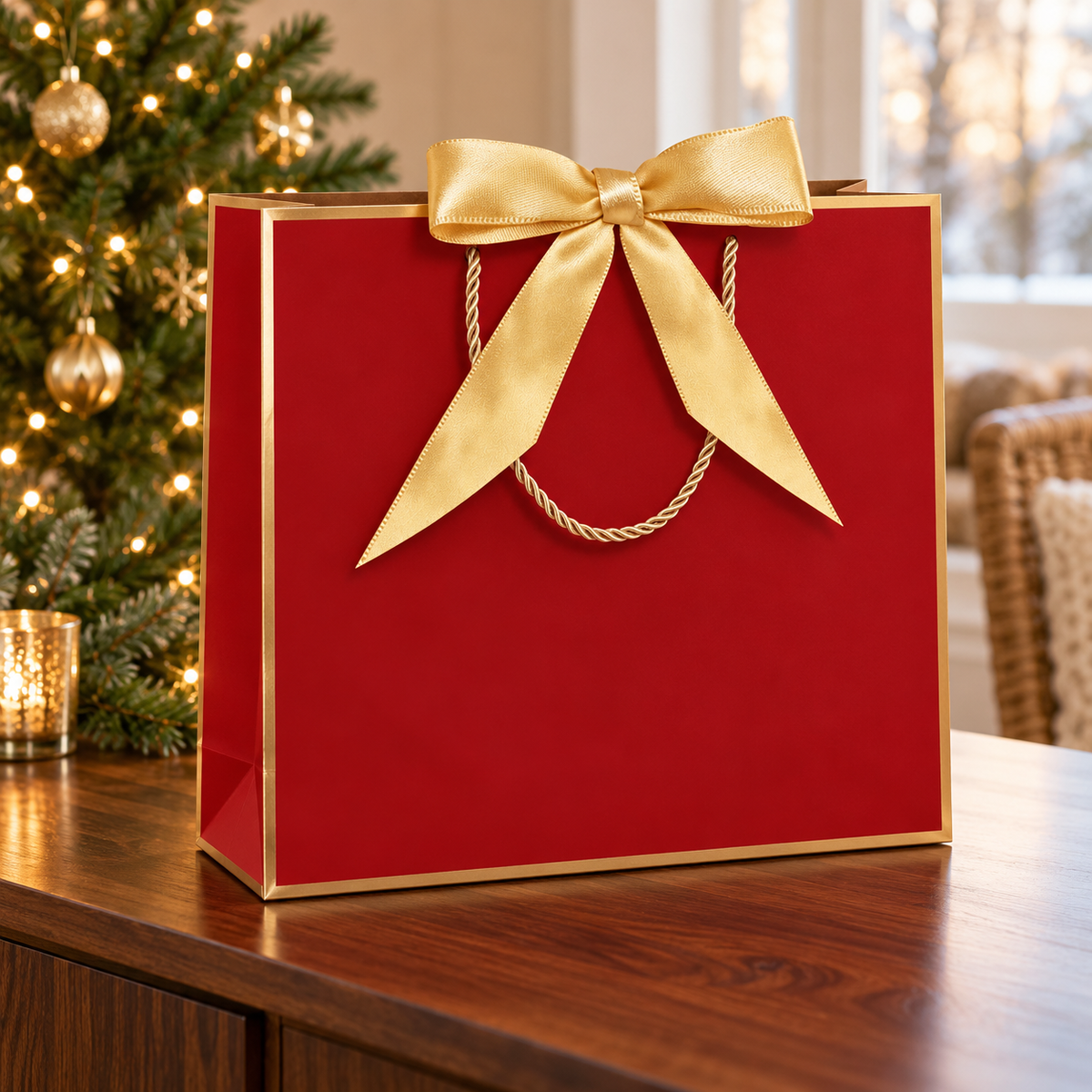Red and gold gift bag on a holiday gift table; background decorations are styling props.