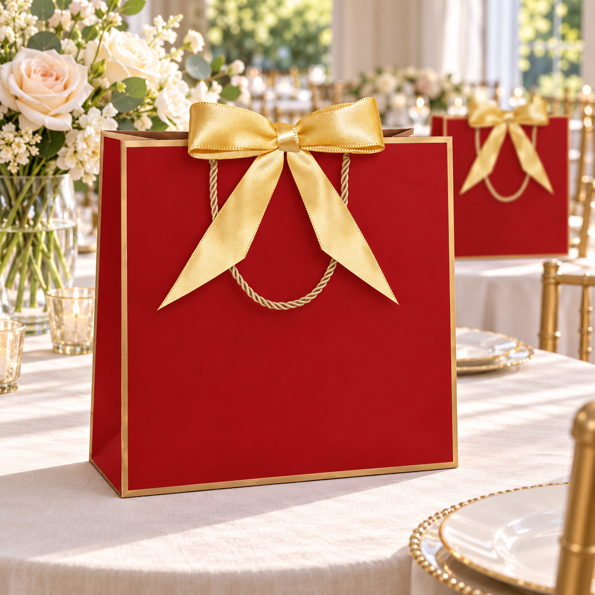 Red and gold gift bags in a wedding reception setting; flowers and tableware are styling props.