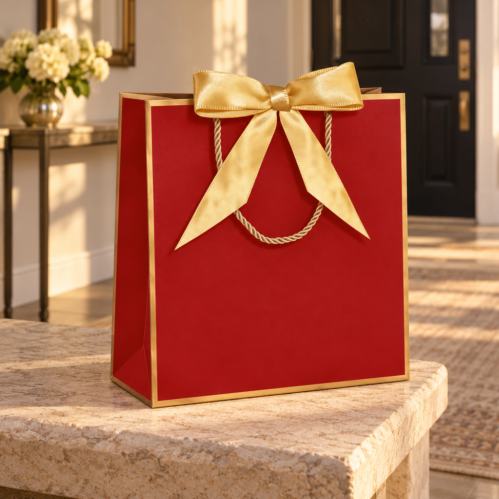 Red and gold gift bag in a sunlit entryway host-gift setting.