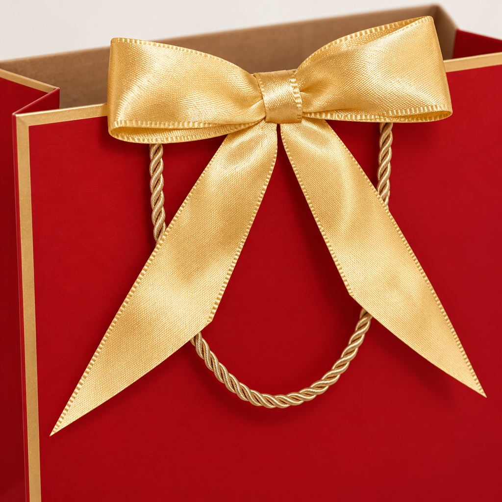 Close-up of the red gift bag's gold satin bow, twisted cord handle and gold-trimmed paper edge.