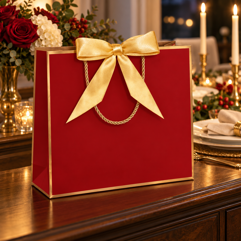 Red and gold gift bag in a celebration dinner setting; flowers and tableware are styling props.