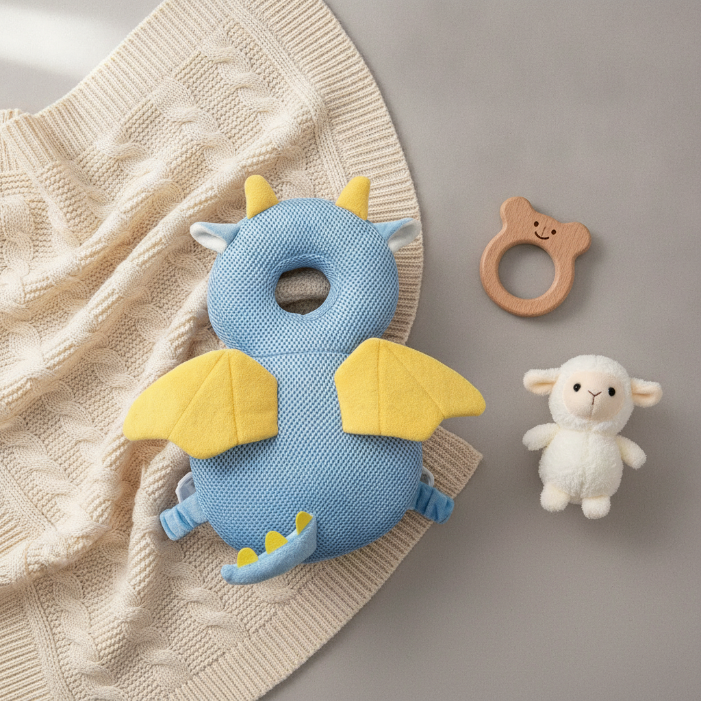 Dragon toddler head protection pad styled with baby blanket and toys