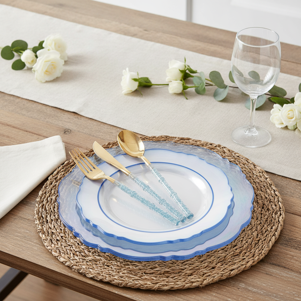 Clear blue baroque disposable plastic plates with gold cutlery and blue-glitter handles, styled place setting