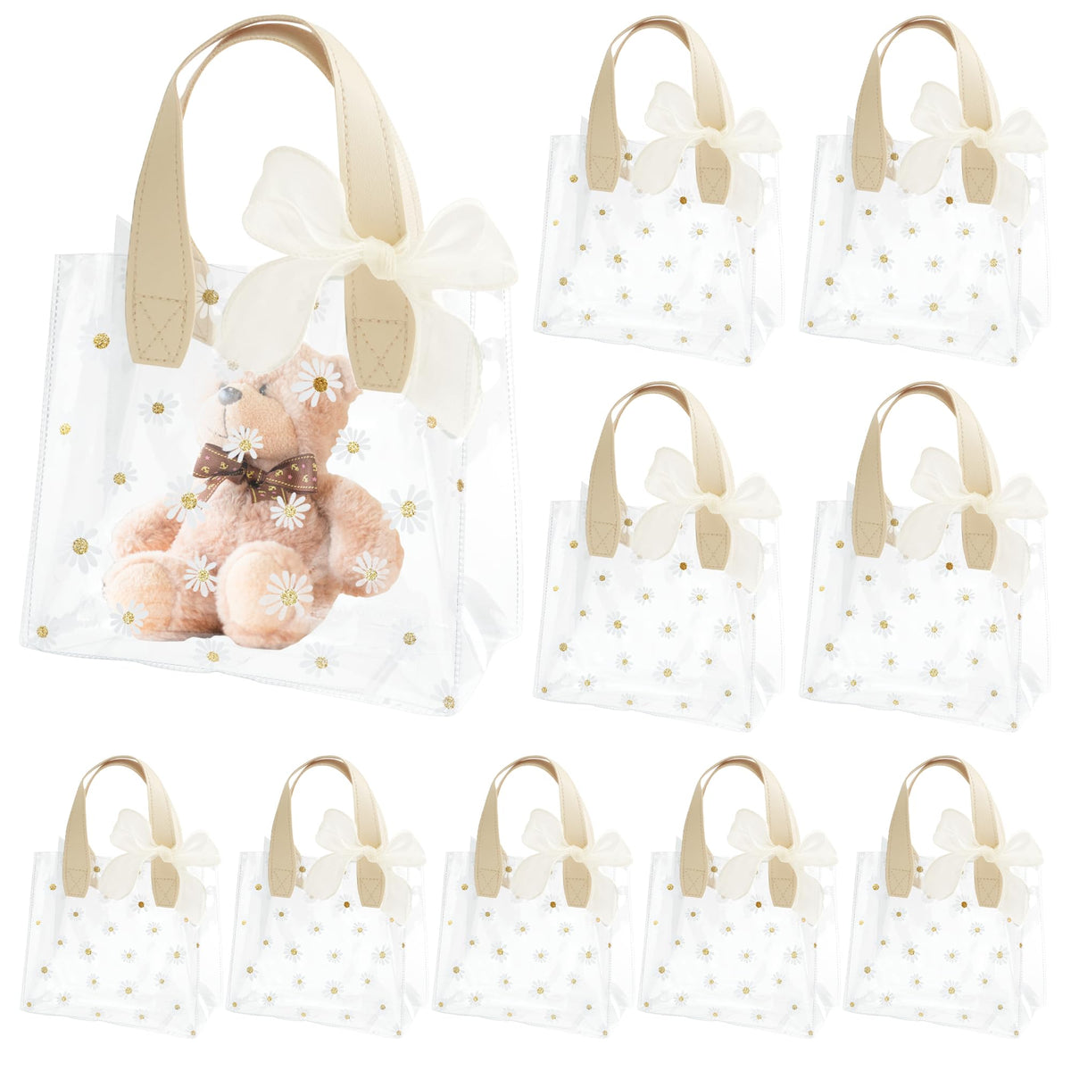 Clear PVC Gift Bags with Handles and Ribbon, 7.87 x 7.09 x 3.94 in, 10 ct