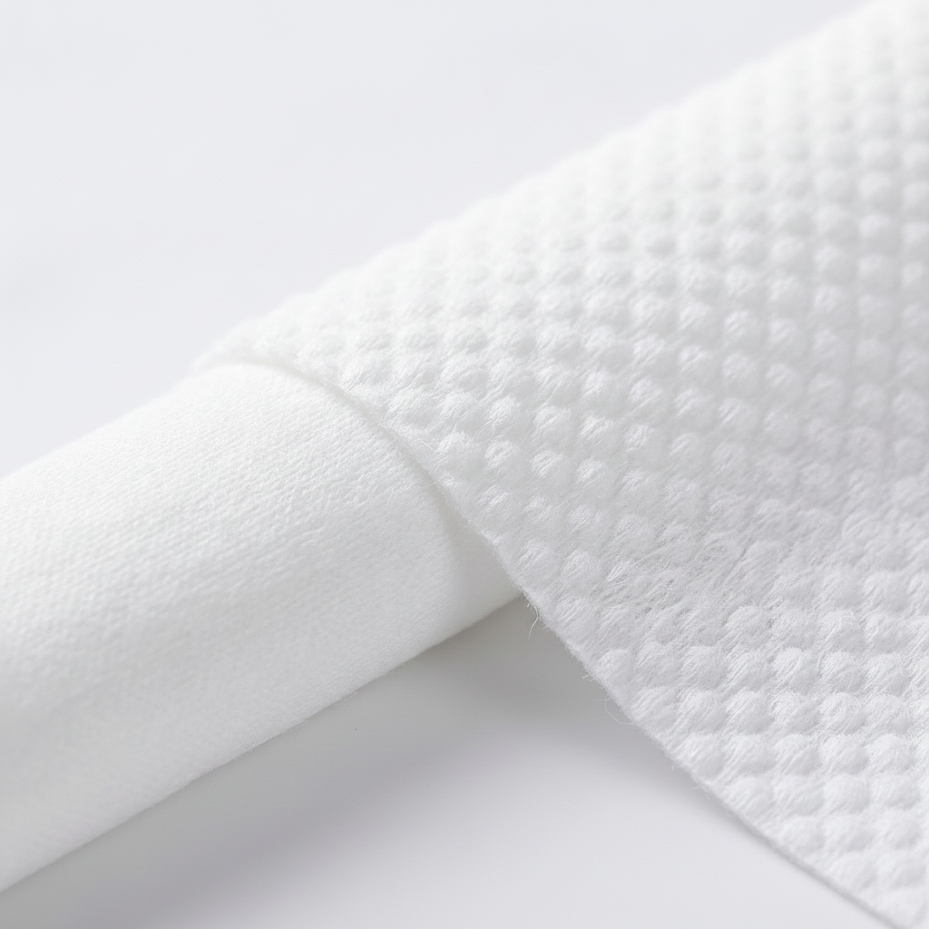 Macro close-up of pearl-embossed texture on a white cotton face towel