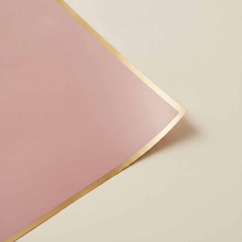 Macro detail of a rose gold-edge wrapping sheet corner with metallic gold trim