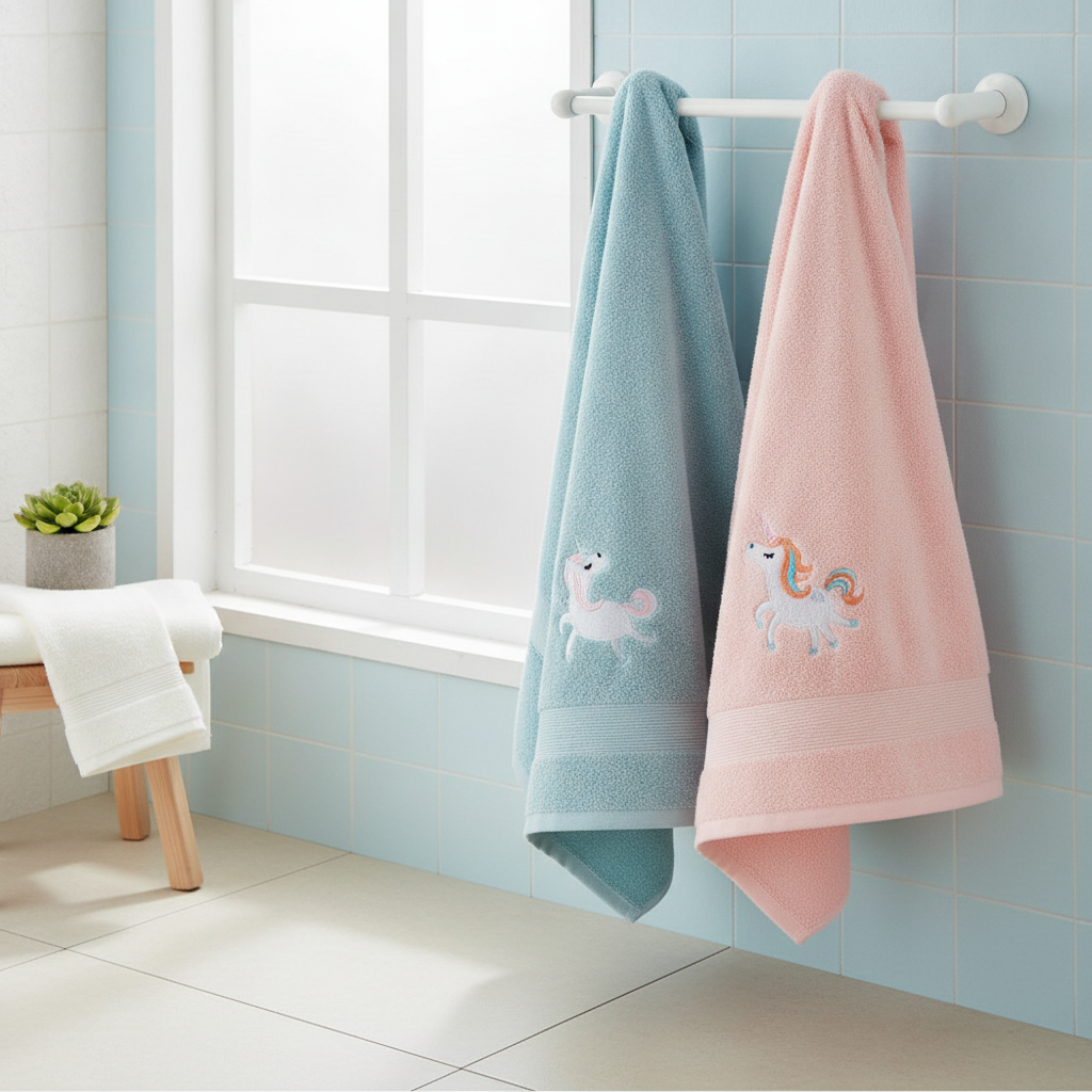 Pink and blue unicorn cotton towels hanging in a kids bathroom