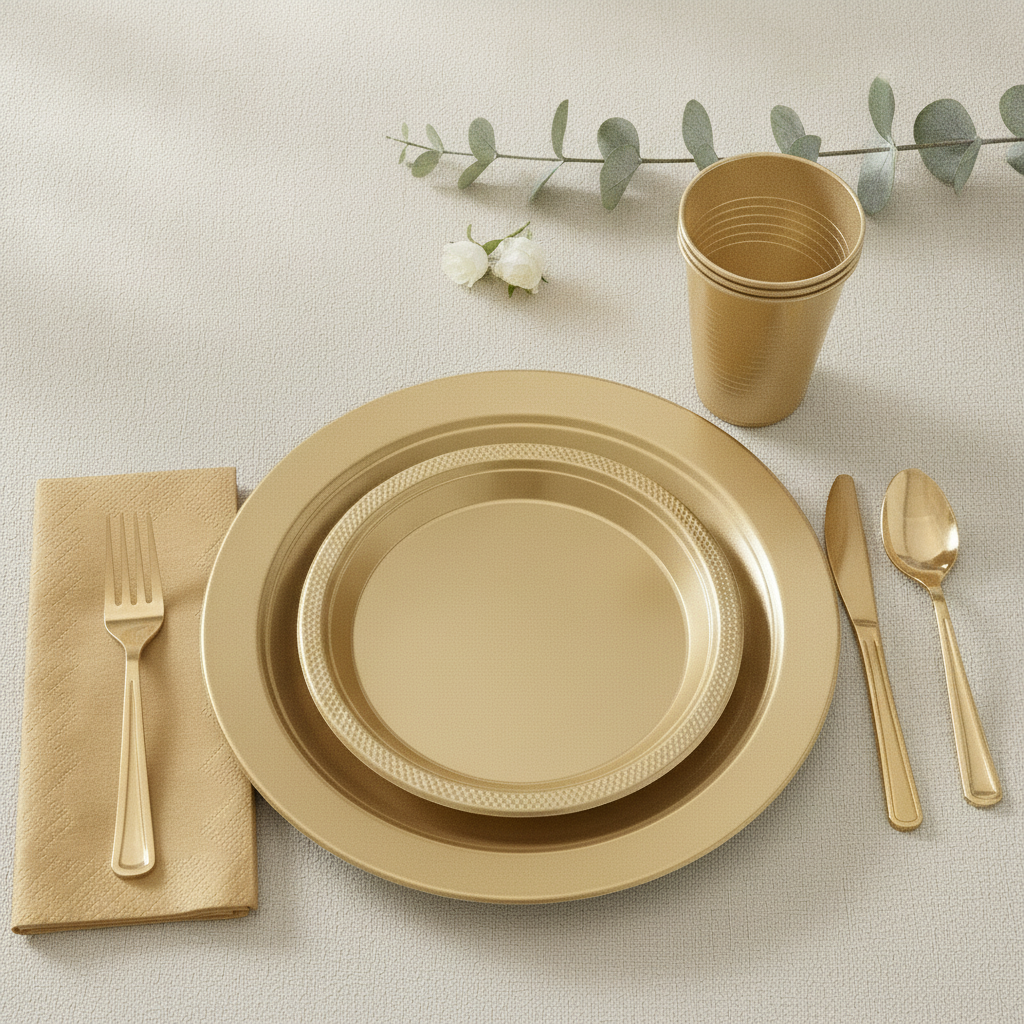Overhead flat-lay of a gold disposable place setting with cup, cutlery and napkin