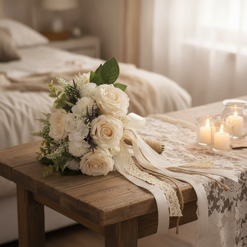 Bridal bouquet styled on a rustic wooden table with candlelight