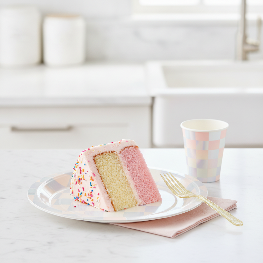 Angled close-up of an iridescent pastel checkerboard paper plate with cake and gold fork