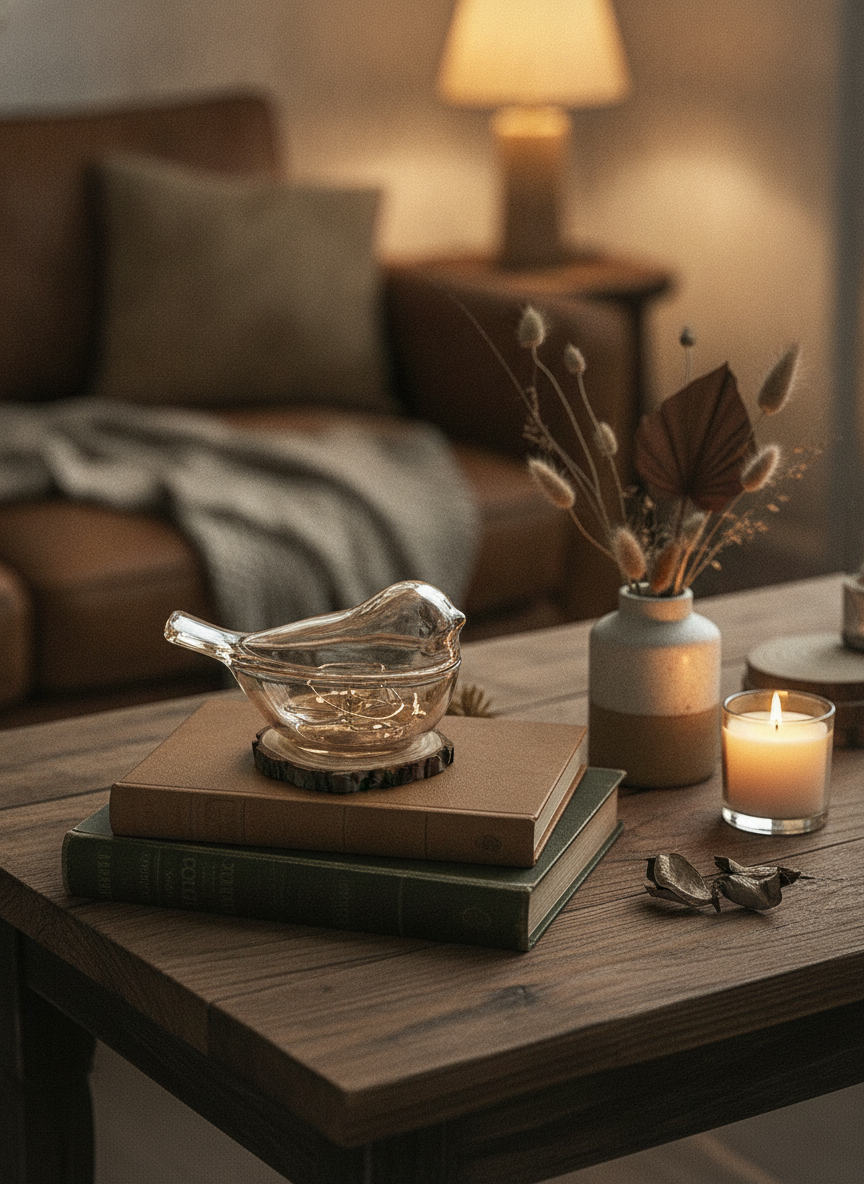 Champagne glass bird box styled on books beside a candle and dried botanicals