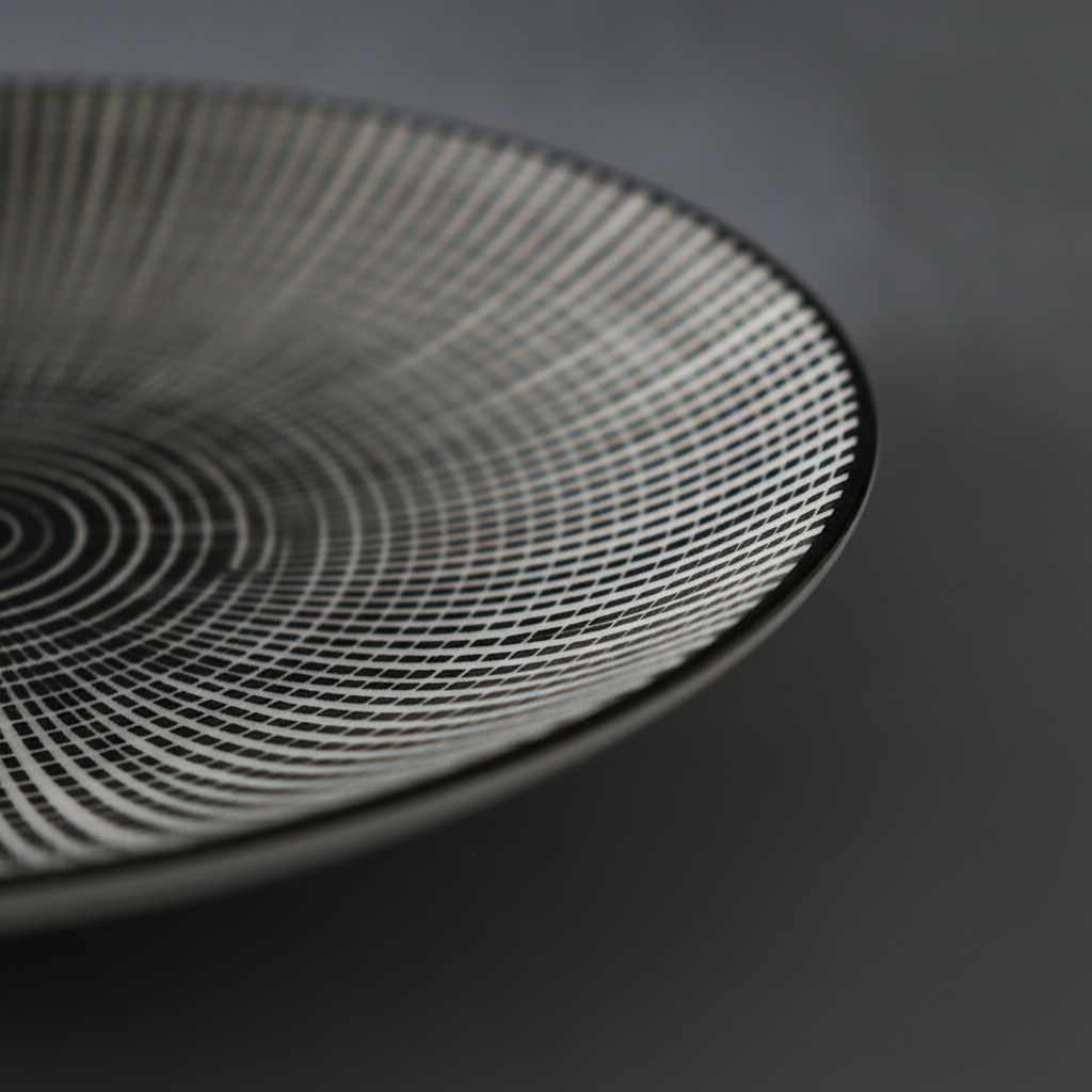 Macro detail of the glazed porcelain plate showing the radial stripe pattern