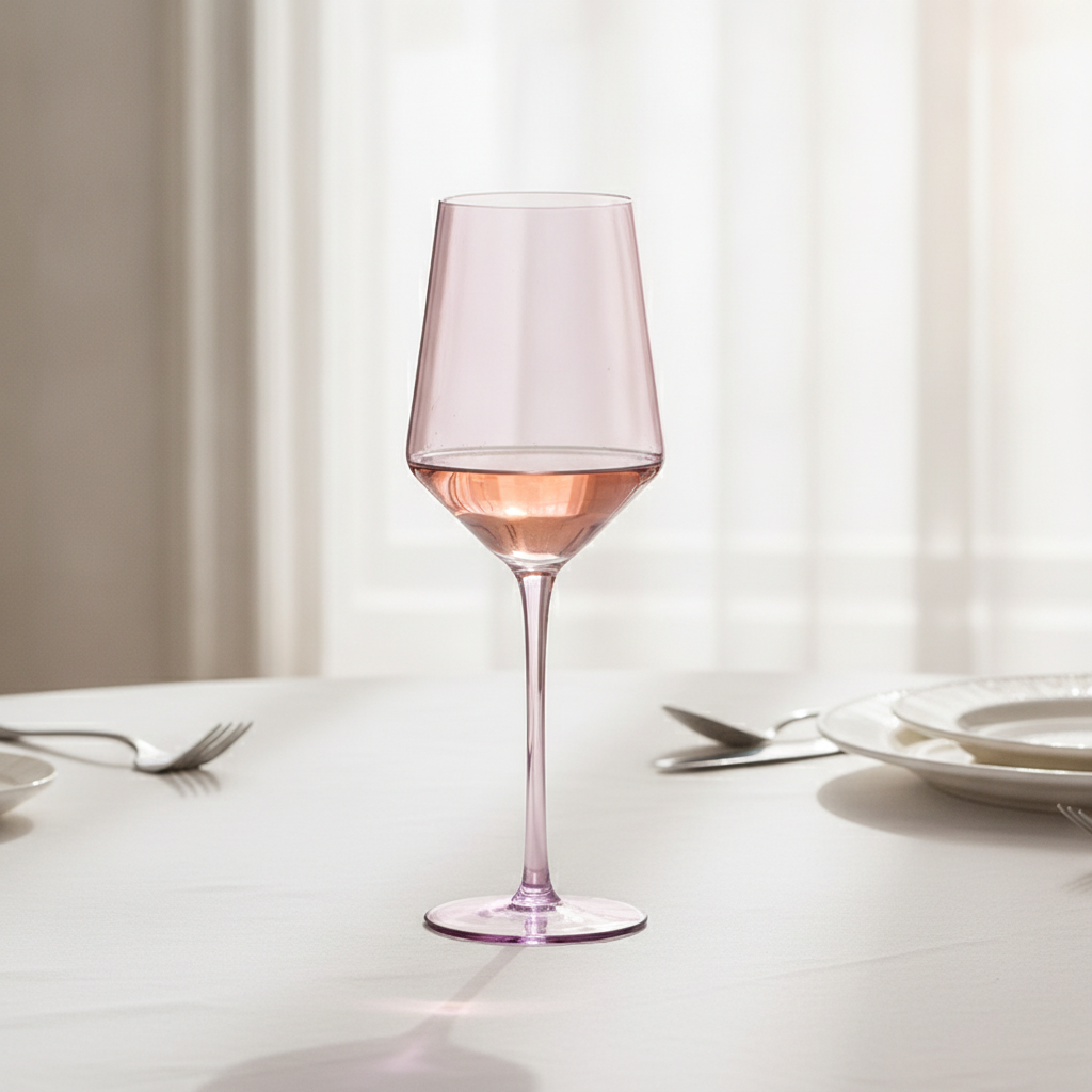Translucent purple coloured wine goblet filled with rose wine on a sunlit table