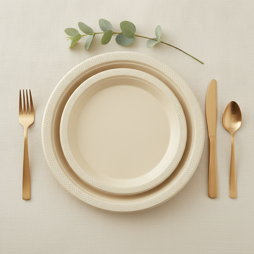 Overhead flat-lay of stacked ivory disposable plates with gold cutlery and eucalyptus
