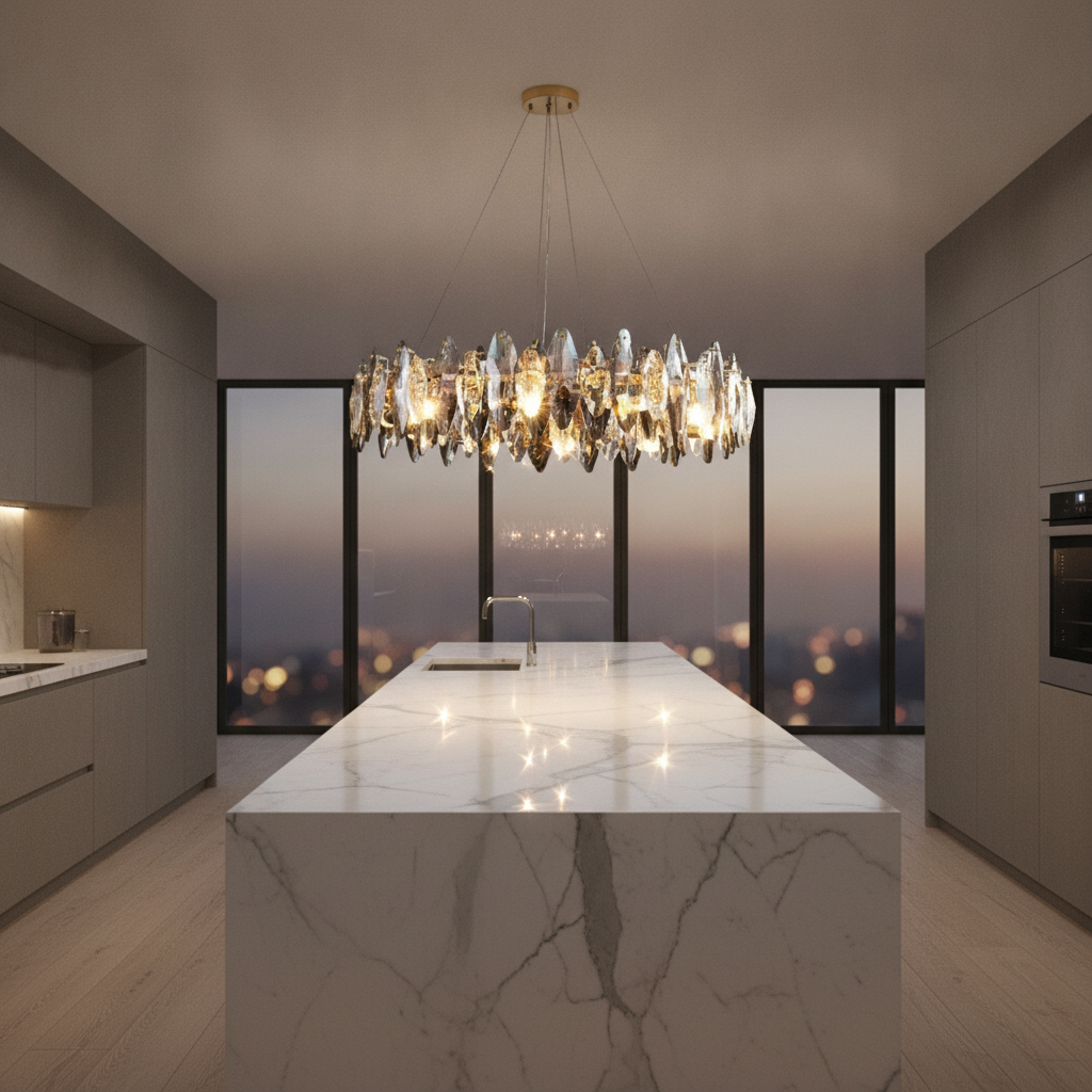 Linear crystal chandelier suspended over a marble kitchen island in a luxury home