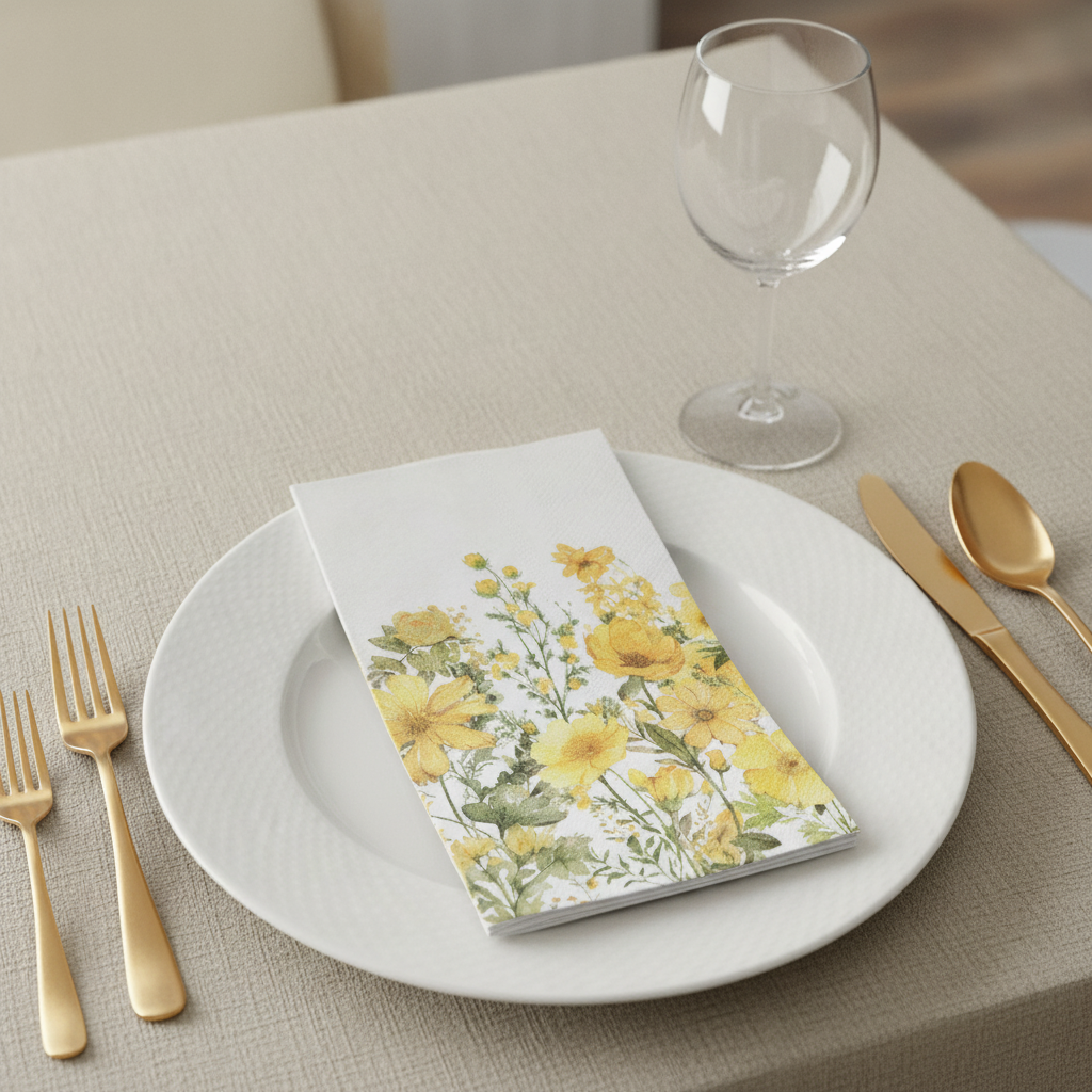 Yellow calliopsis floral paper guest napkin folded on a white plate place setting with gold cutlery