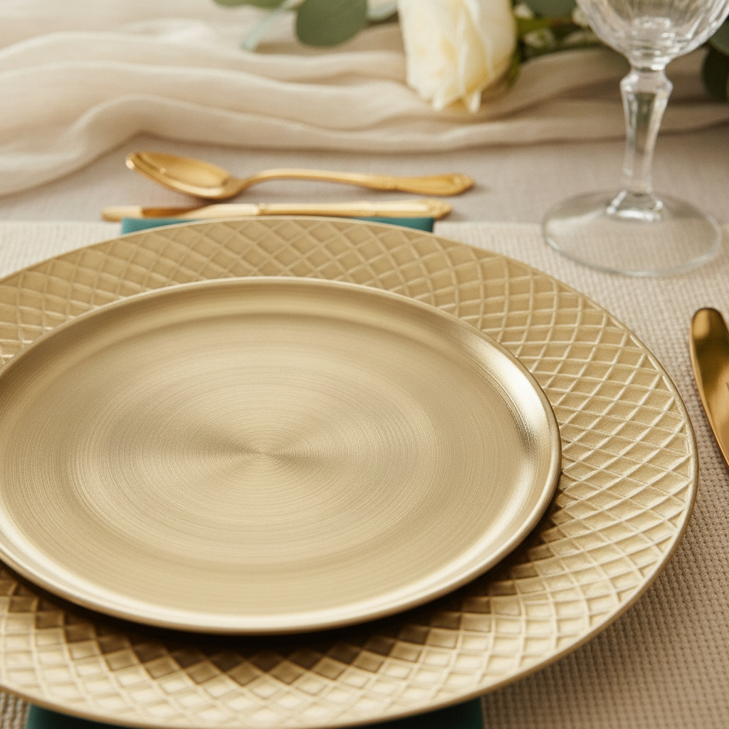 Close-up of embossed diamond textured rim on antique gold charger plate