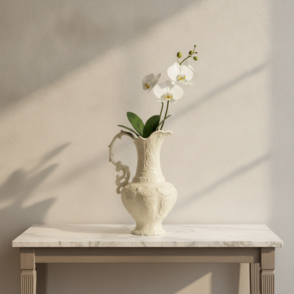 Cortese ceramic ewer used as a vase with a white orchid on a marble console