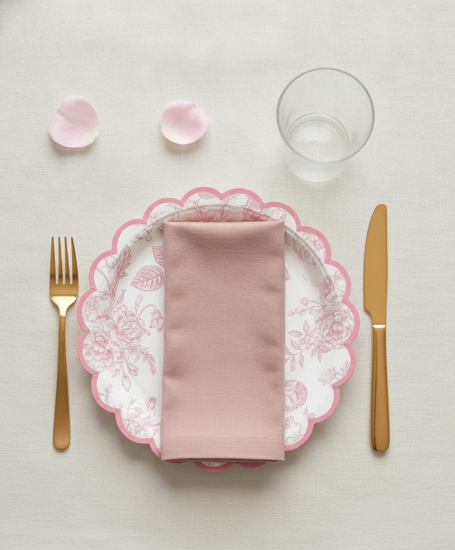 Pink floral disposable paper party plate place setting with dusty rose napkin and gold cutlery