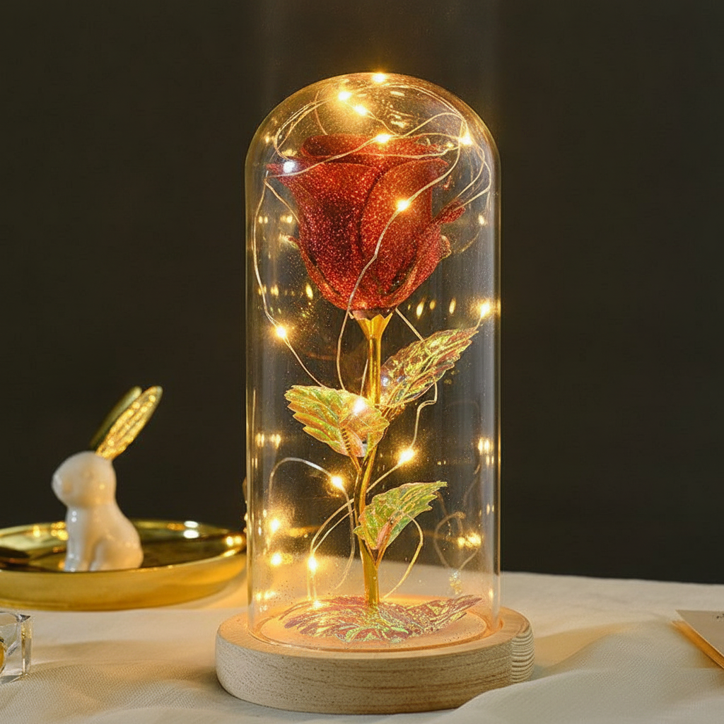 Close-up of galaxy rose and gold foil leaves with warm LED fairy lights