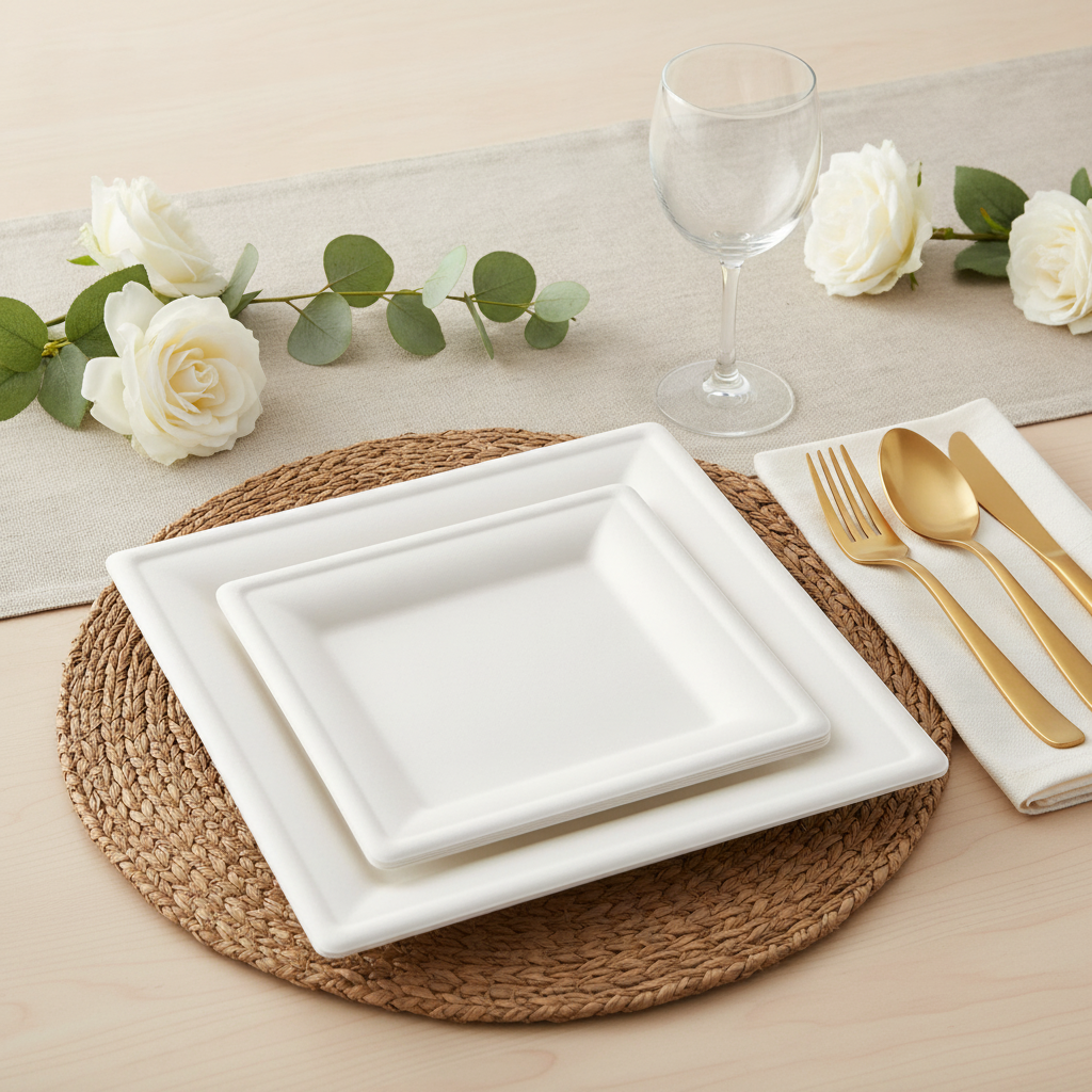 White compostable square molded sugarcane plates and cutlery set styled on a woven placemat